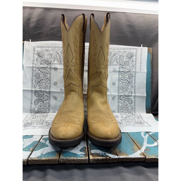 Vtg Justin Mule Hide Tan Western Work Cowboy Boots Mens 7.5D USA Made Cushioned - Picture 11 of 11